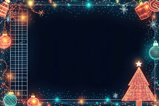 Circuit dash rectangular frame with christmas and new year holiday decorations, greeting card layout design template