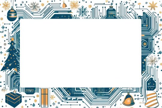 Circuit wave rectangular frame with christmas and new year holiday decorations, greeting card layout design template