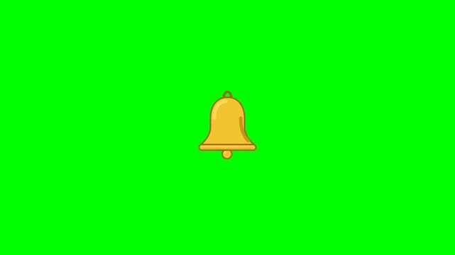 Clean flat vector icon animation of a yellow golden jingle bell with gentle swing, festive bounce, and simple shine effect on perfectly uniform pure green screen chroma key background.