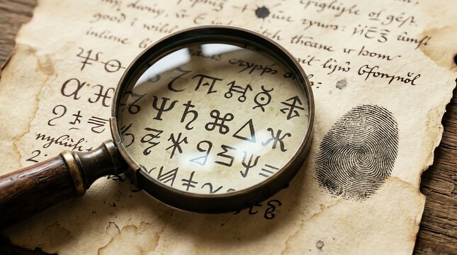 Magnifying Glass Revealing Ancient Symbols on Aged Paper