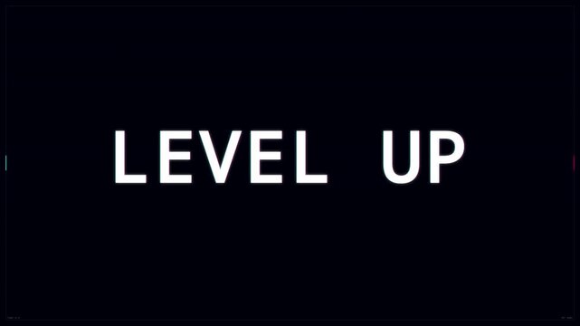 White level up text on black background with retro glitch effect for gaming and career progress concept