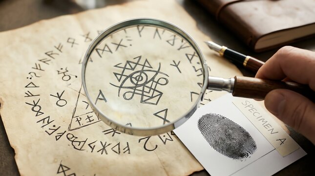 Magnifying Glass Examining Ancient Symbols on Aged Paper