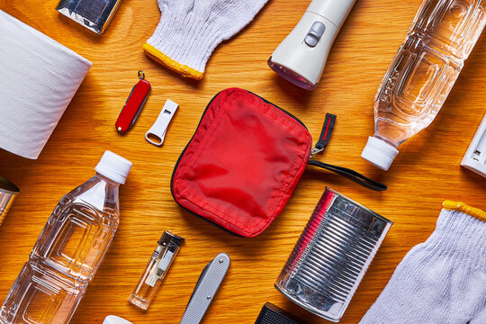 Disaster Preparedness Kit on Wooden Table