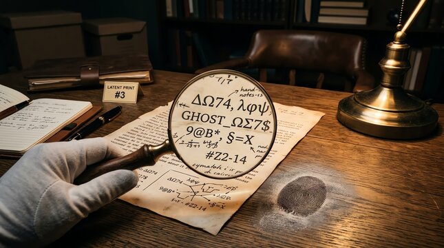 Detective examining cryptic notes with magnifying glass on wooden desk