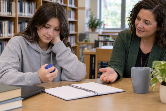 Teenage girl holds a stress ball during counseling. A woman listens beside books and a notebook. Mental health support addresses anxiety and panic.