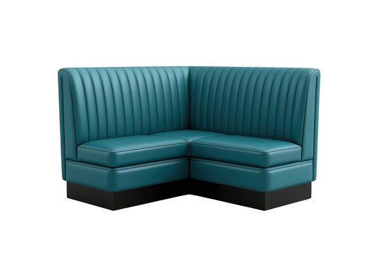 Teal L shaped booth seat with high fluted corner back