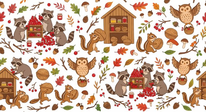 Cute autumn woodland animals seamless pattern with fall leaves, mushrooms, and forest elements