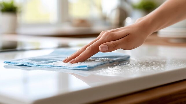 Female hand cleaning white countertop with soapy blue