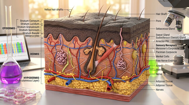 Anatomical cross section of human skin layers showing hair follicles and various complex cellular structures today