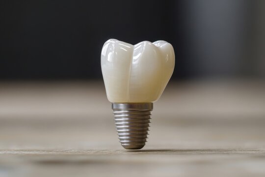 Dental implant inside medical human jaw model with healthy white teeth view