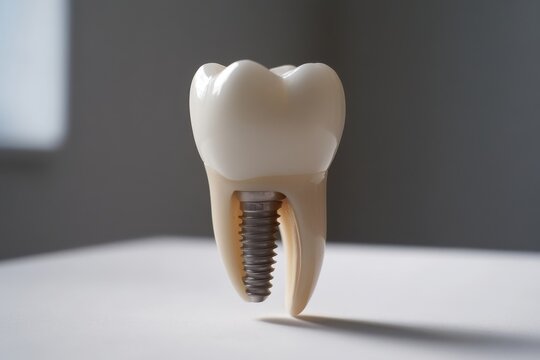Dental implant inside medical human jaw model with healthy white teeth view