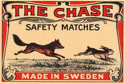 Vintage Match Box Label, Fox Chasing Hare Red Black Print Texture