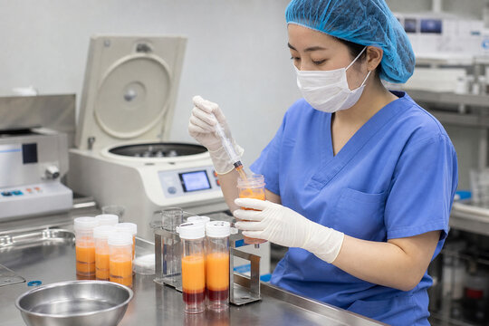 医療スタッフによる採取脂肪の精製作業