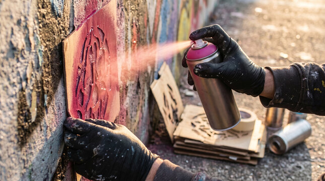 Street artist using pink spray paint can with cardboard stencil on weathered urban concrete wall surface