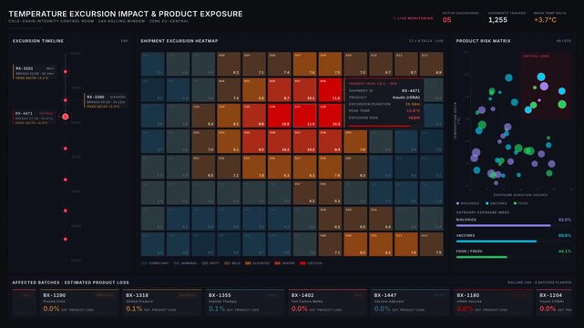 A dark temperature excursion impact and product exposure dashboard featuring a heatmap, excursion timeline, and risk matrix for monitoring shipment conditions and product safety.