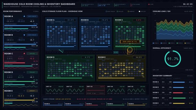Explore a detailed cold storage warehouse management dashboard featuring temperature zones, airflow animations, and real-time inventory performance metrics for effective facility oversight.