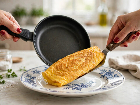 Woman serving golden omelette from frying pan onto decorative blue white plate