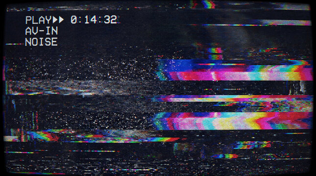 Glitch displaying digital distortion and colorful static scan lines across a damaged television screen demonstrating signal interference and electronic communication breakdown in vintage media.