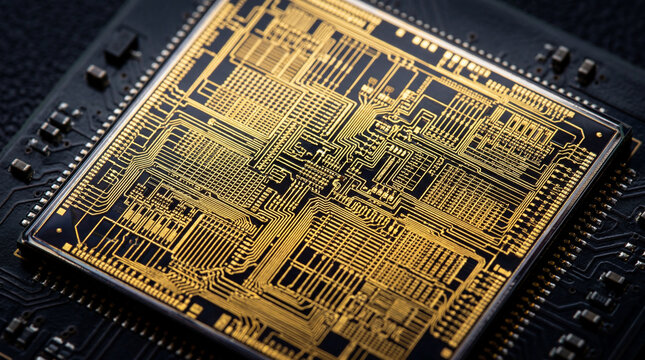 Microchip showcasing intricate golden circuitry patterns on a sleek dark processor surface representing modern high performance computing technology advancements and digital innovation across the.