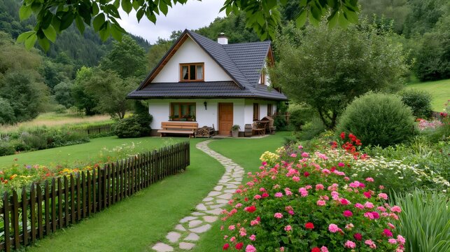 Idyllic cottage garden path leading to a cozy house