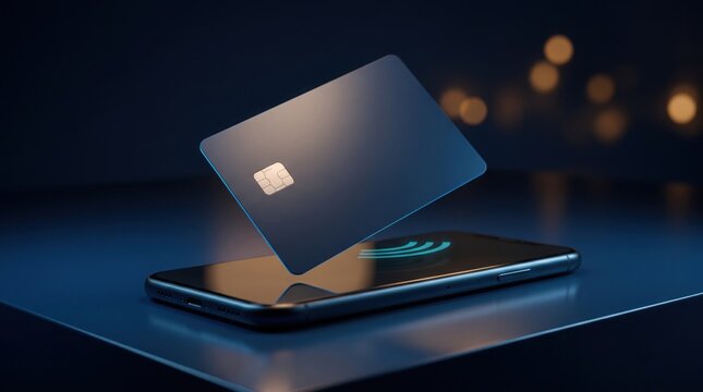 A dark blue credit card floats above a smartphone screen demonstrating contactless payment technology