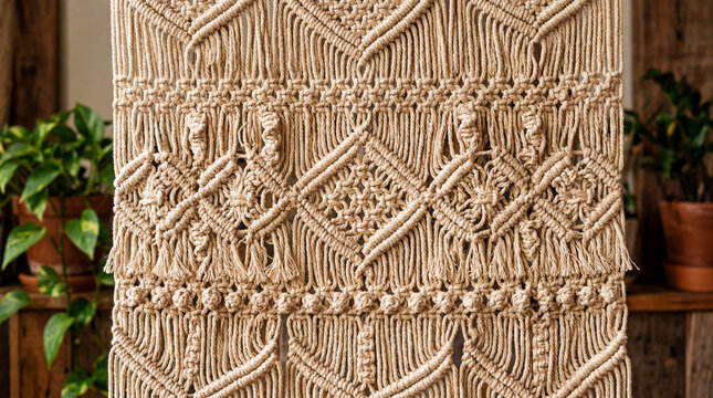 Handmade macrame wall hanging featuring intricate knotted cotton cord patterns displayed gracefully inside a cozy rustic wooden room with houseplants.