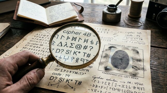 Vintage detective desk with magnifying glass and cryptic codes