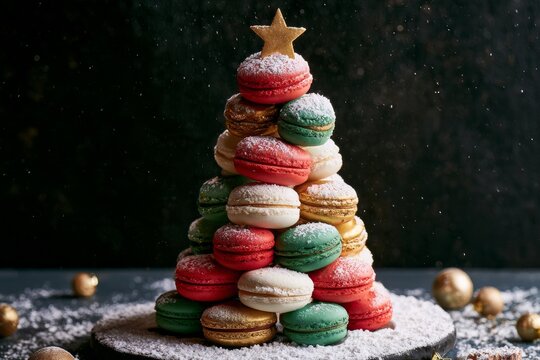 Festive dessert display made of macarons shaped like a Christmas tree on a dark surface