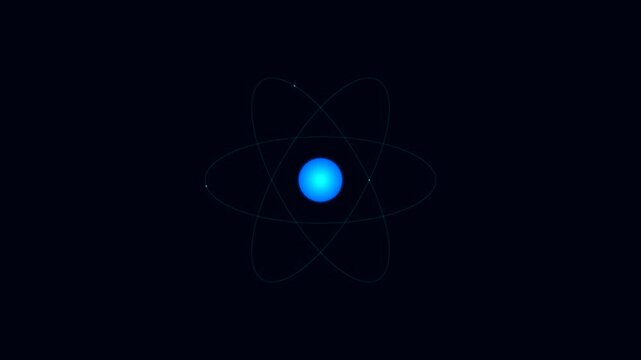 Glowing blue atom model with electrons orbiting the nucleus on dark background, science and quantum physics concept