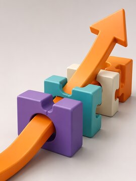 Orange arrow puzzle pieces progress upward on a neutral background with subtle lighting