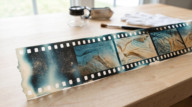 Vintage photographic film strip showing artistic landscape textures resting on wooden table surface during archival work