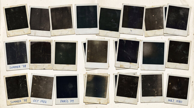 Polaroids arranged in neat rows create a nostalgic display of faded memories and forgotten moments captured forever.