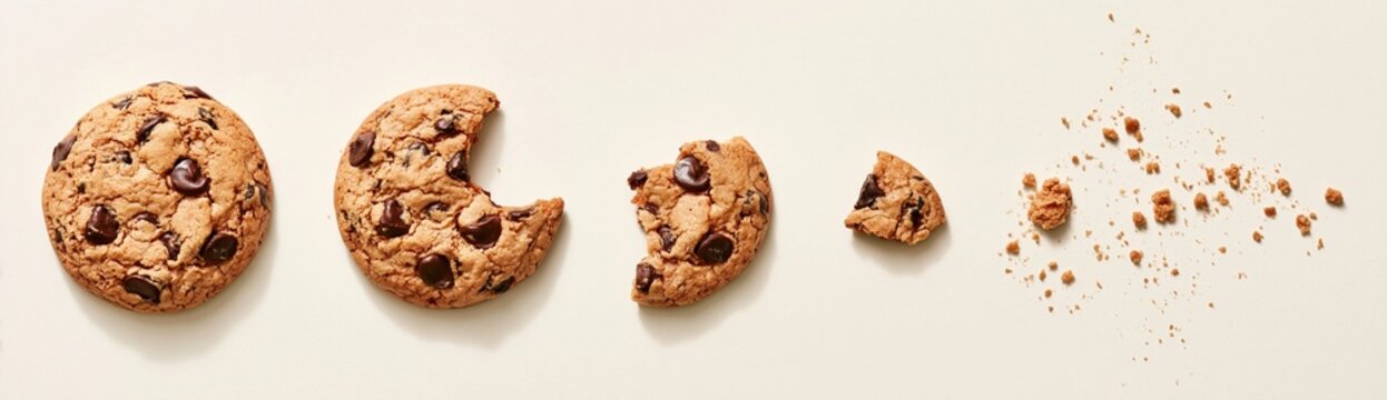 Chocolate chip cookie eaten in sequence on white