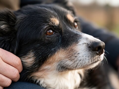 Close portrait of black and tan dog being