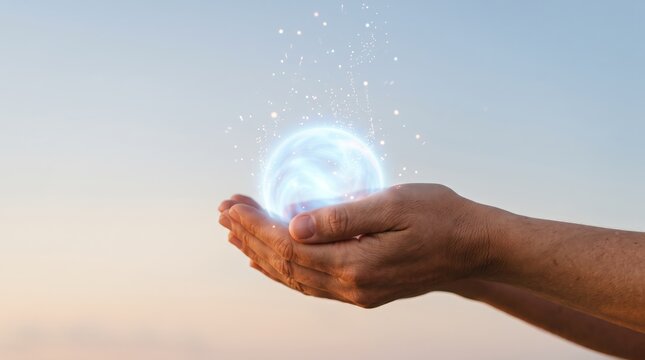 Hands holding glowing blue energy sphere with sparkles against sunset sky background, magic power spirituality healing aura concept, mystical force and future technology idea.