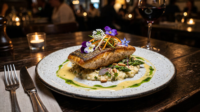 Pan seared salmon fillet served atop a creamy risotto base garnished with vibrant edible flowers fresh asparagus and pine nuts on a rustic speckled ceramic plate inside dimly lit restaurant