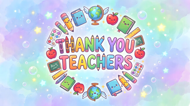 Thank you teachers greeting card design with colorful school supplies and educational icons on a pastel background