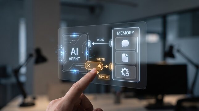 AI agent observability - A human hand blocks data flow between AI processes, illustrating interception of digital preferences during memory operations.