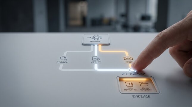 AI agent observability - A human hand uncovers a conceptual decision path, illustrating why an AI chose to send information instead of searching or verifying.