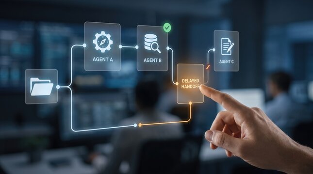 AI agent observability - A human hand intervenes to resolve a delayed handoff between AI agents, ensuring seamless continuation of a multi-agent workflow.