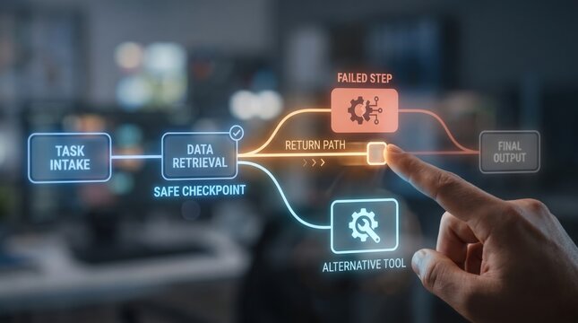 AI agent observability - Restoring a workflow by manually reverting from failure to a safe checkpoint while preserving process history and exploring new solutions.