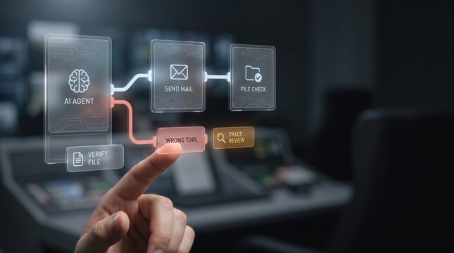 AI agent observability - A human hand guides an AI interface from an incorrect tool to a file check option, symbolizing error correction and digital workflow management.