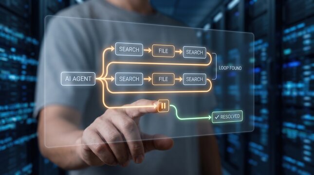 AI agent observability - A hand intervenes to halt a malfunctioning AI loop, redirecting operations toward a stable and successful outcome.
