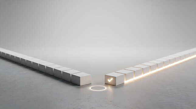 White glowing checkmark cube standing out within a row of identical neutral blocks against a clean soft studio gray background representing leadership innovation success 