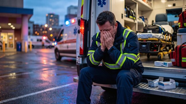 Exhausted firefighter sitting on pavement with head in hands, fire truck and flashing sirens in background. Traumatized rescuer suffers from extreme mental stress and occupational burnout.