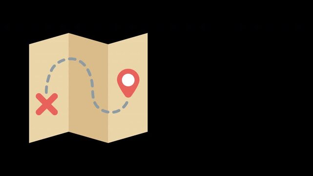 Animated treasure map icon featuring a dashed route path, location pin, and red cross marker for travel and navigation concepts with transparent alpha channel.