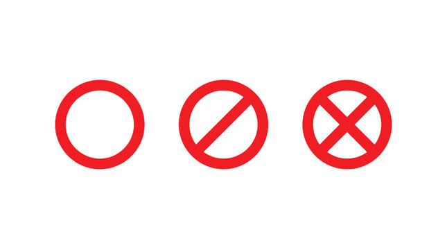 Red circular warning icons set featuring flat vector design elements for web interface navigation and bold digital sign symbol communication