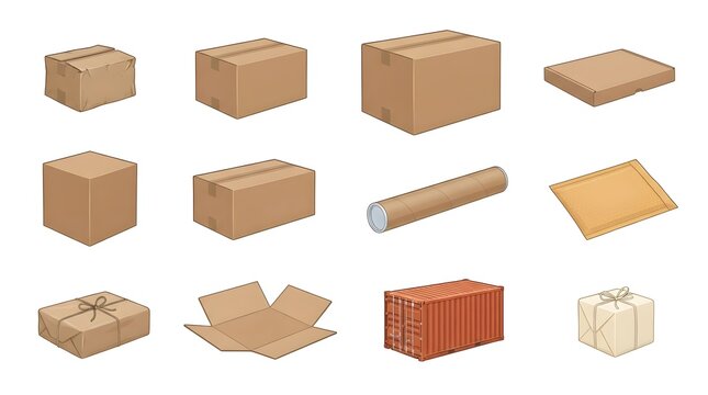Assortment of various cardboard boxes and shipping parcels isolated on a clean white background.