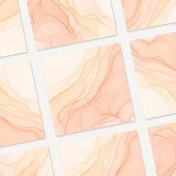 Tiles display smooth peach marble patterns arranged in a grid layout across a neutral surface showing elegant veining details suitable for modern interior architecture and decorative styling.