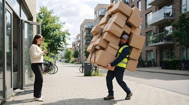 A struggling delivery worker carrying a massive stack of cardboard boxes on a city street while a woman looks at her phone near a building entrance during daytime.